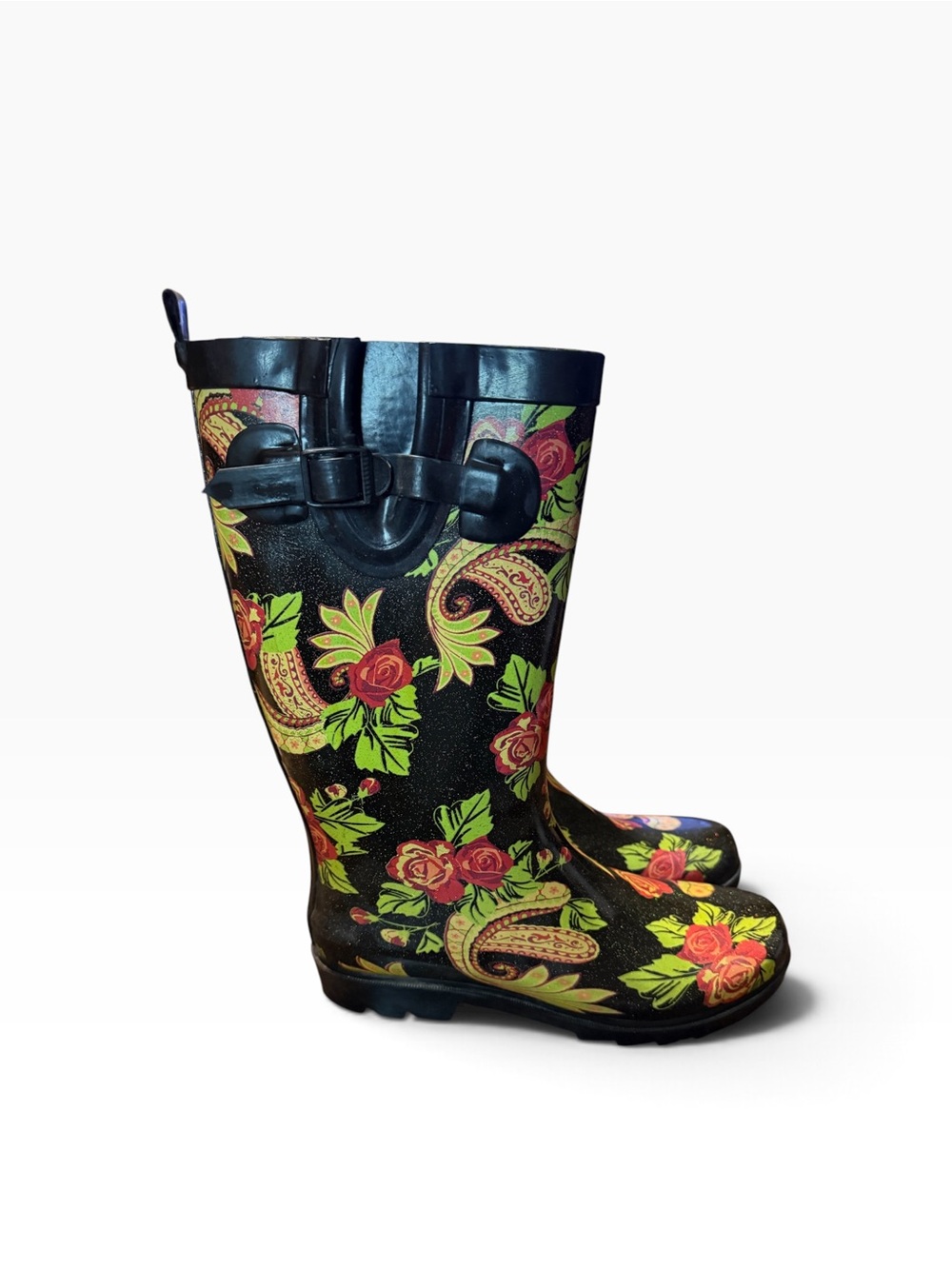 Capelli of New York Black Floral Paisley Rain Boots